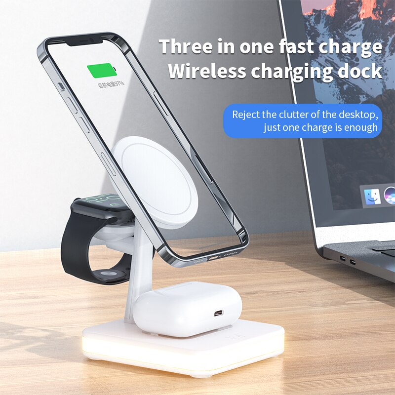 Mag-Safe Charger Stand for iPhone 12/13 14 Pro 3 in 1 Magnetic Wireless Charging Station with LED Light for Apple iWatch Airpods 3合1 磁性無線充電器支架連LED燈
