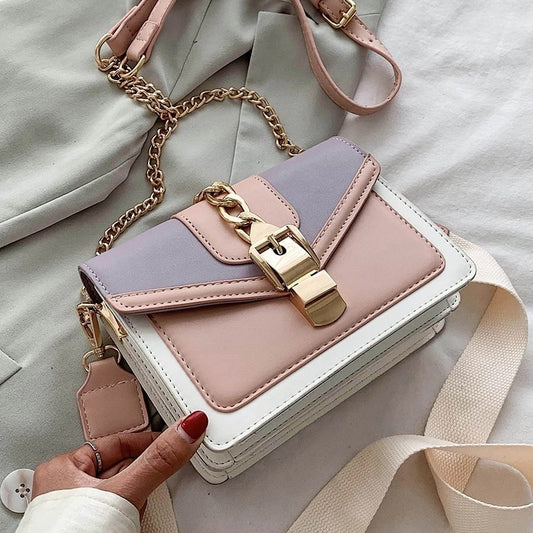 Fashion chain lady Sling bag Panelled color PU Leather Crossbody Bag For Women 2022 new Wide strap Shoulder Messenger Bag Ladies 時尚皮革鏈條寬肩單肩包