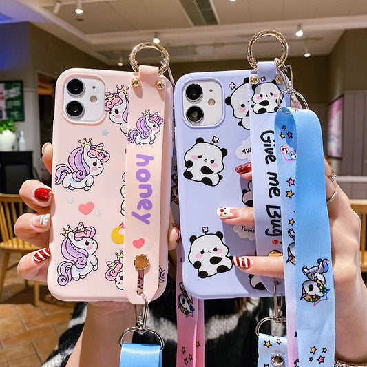 Phone Holder Case For iPhone 12 7 8 6 6S Plus X XS XR XS Max 11 11Pro Max Girl cute phone Cat Rabbit Wrist Strap Case