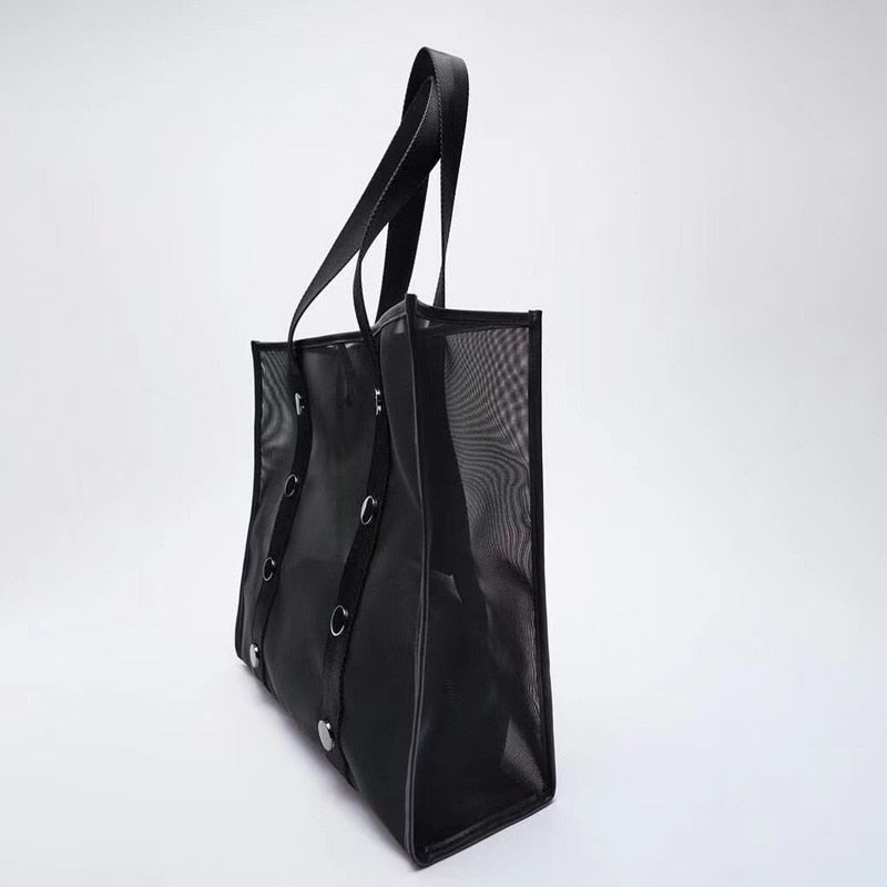 Designer Mesh Tote Women Handbag Fashion Rivet Black Shopper Bag Female Hollow Big Shoulder Bag Brands Composited Bags for Women 時尚鉚釘黑色大單肩網眼手提購物袋