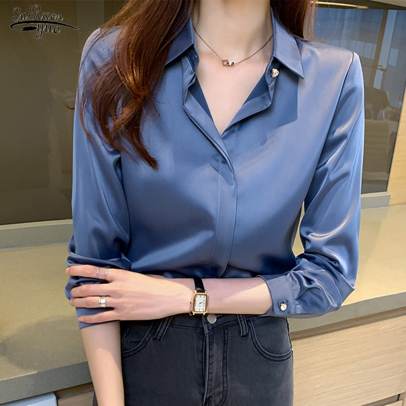 Long Sleeve Shirts Blouses For Women Silk Shirts Women Satin Clothing Office Lady Solid Silk Shirt Blouse Tops Loose 17276