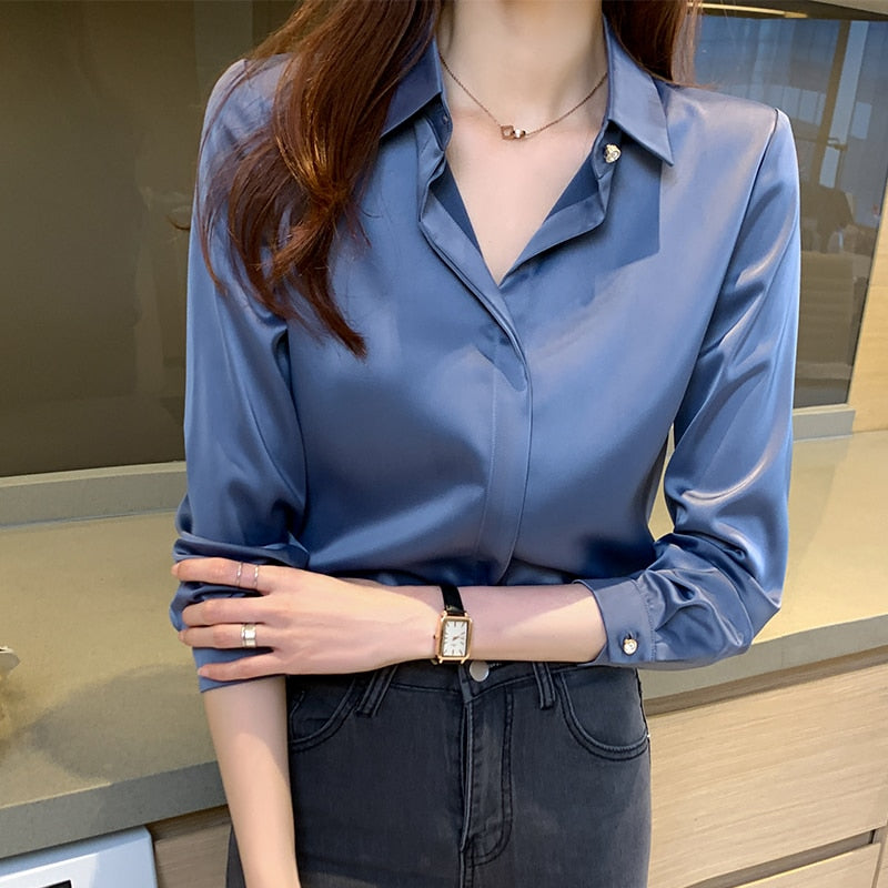 Long Sleeve Shirts Blouses For Women Silk Shirts Women Satin Clothing Office Lady Solid Silk Shirt Blouse Tops Loose 17276