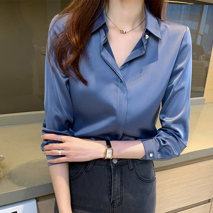 Long Sleeve Shirts Blouses For Women Silk Shirts Women Satin Clothing Office Lady Solid Silk Shirt Blouse Tops Loose 17276