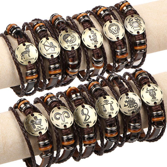 Vintage 12 Constellations Bracelet for women Fashion Jewelry Leather Bracelet Men Zodiac Signs Punk Bracelet charm lovers 復古12星座皮革手鍊