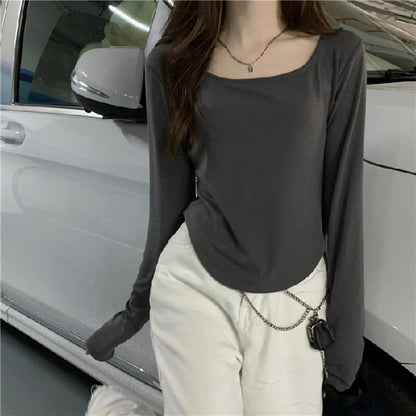 Women Long Sleeve Square Neck T-Shirt Spring And Autumn New Irregular Hem Slim Casual Top Girl Bottom Shirts