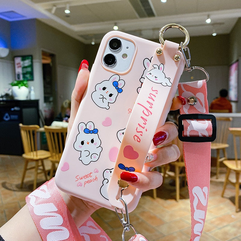 Phone Holder Case For iPhone 12 7 8 6 6S Plus X XS XR XS Max 11 11Pro Max Girl cute phone Cat Rabbit Wrist Strap Case
