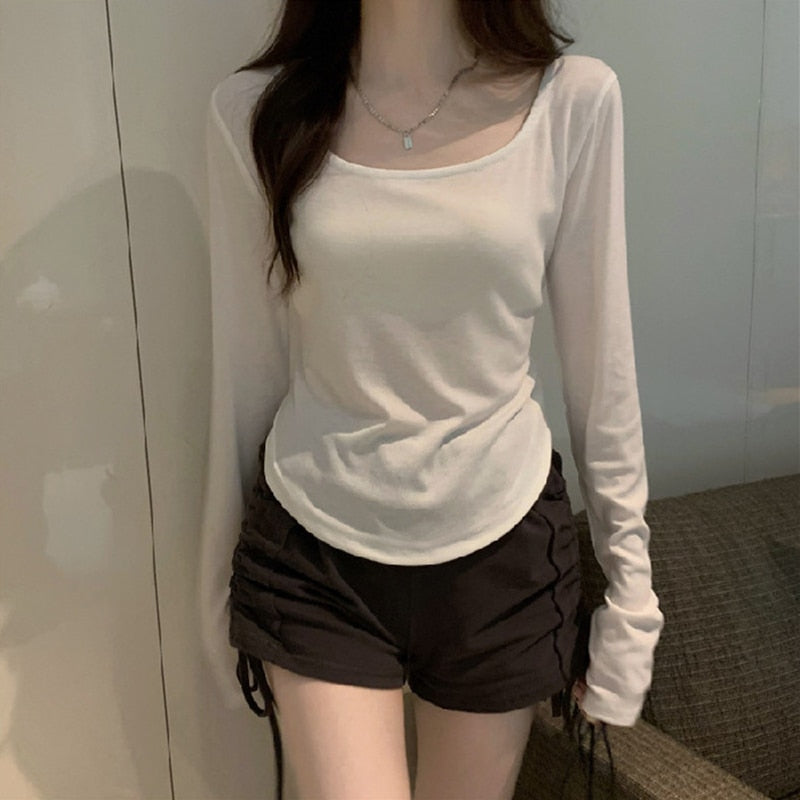 Women Long Sleeve Square Neck T-Shirt Spring And Autumn New Irregular Hem Slim Casual Top Girl Bottom Shirts