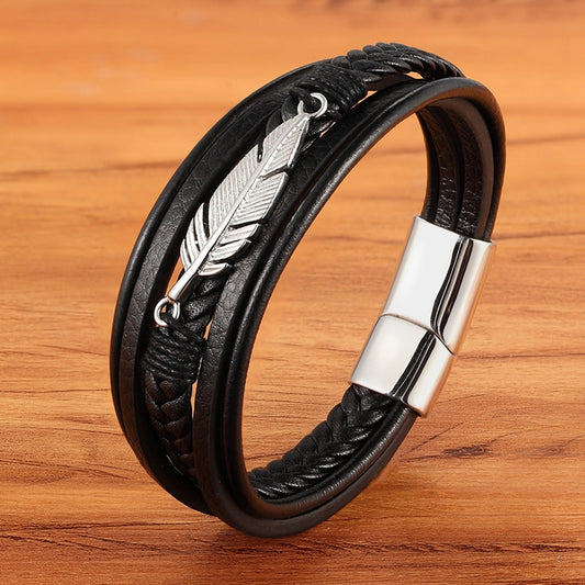 Multi-layer Leather Combination Small Accessories Simple Style Men's Stainless Steel Leather Bracelet Classic Gift Big Sale