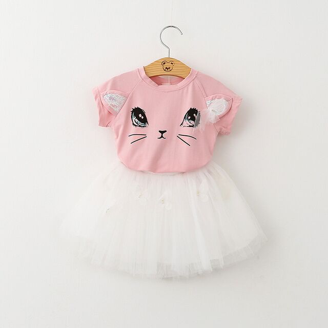 Summer Baby Girls Princess Dress 2pcs Set (Cute Cartoon Cat Print T-shirt Top+Mesh Tutu Skirt Toddler Kids Outfits Clothes) 夏季女嬰公主裙 2 件套裝（可愛卡通印花 T 恤 + 網眼芭蕾舞短裙兒童服裝）