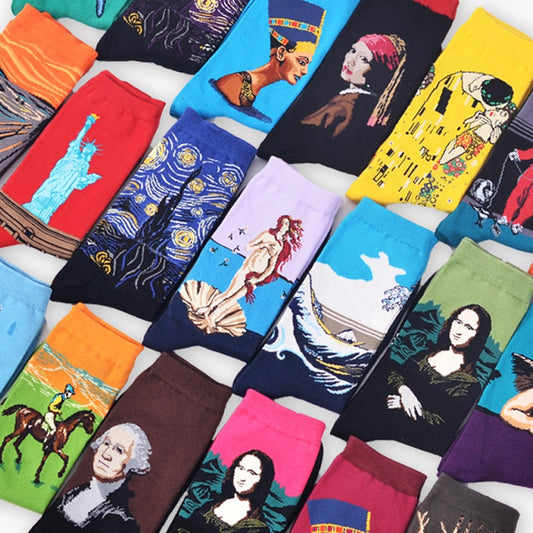 Starry Night Winter Retro Women Personality Art Van Gogh Mona Lisa Famous Painting Men Socks Oil Funny Happy Socks 復古風格名作油畫元素圖案厚襪