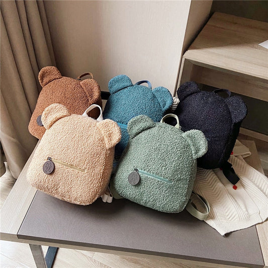 Portable Children Travel Shopping Rucksacks Casual Autumn Winter Lamb Fleece Women's Bagpack Cute Bear Shaped Shoulder Backpack