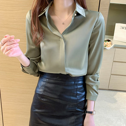 Long Sleeve Shirts Blouses For Women Silk Shirts Women Satin Clothing Office Lady Solid Silk Shirt Blouse Tops Loose 17276