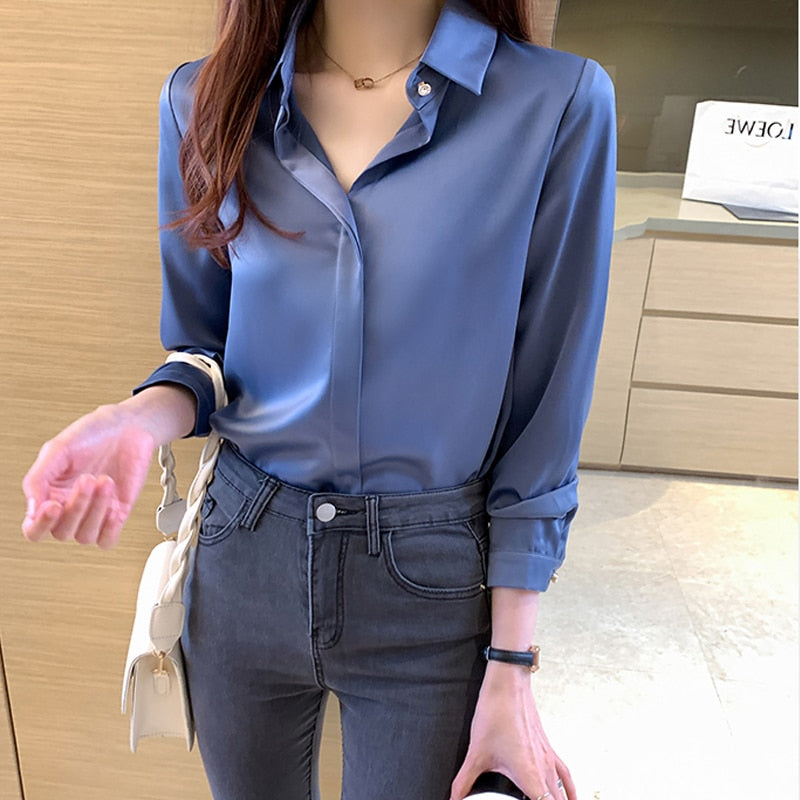 Long Sleeve Shirts Blouses For Women Silk Shirts Women Satin Clothing Office Lady Solid Silk Shirt Blouse Tops Loose 17276