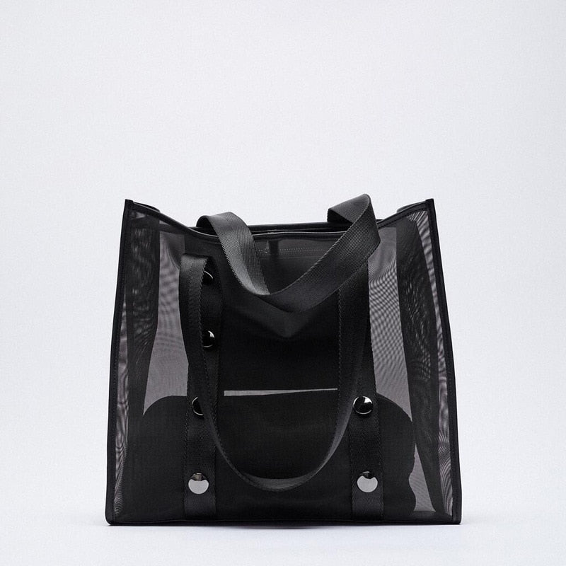 Designer Mesh Tote Women Handbag Fashion Rivet Black Shopper Bag Female Hollow Big Shoulder Bag Brands Composited Bags for Women 時尚鉚釘黑色大單肩網眼手提購物袋