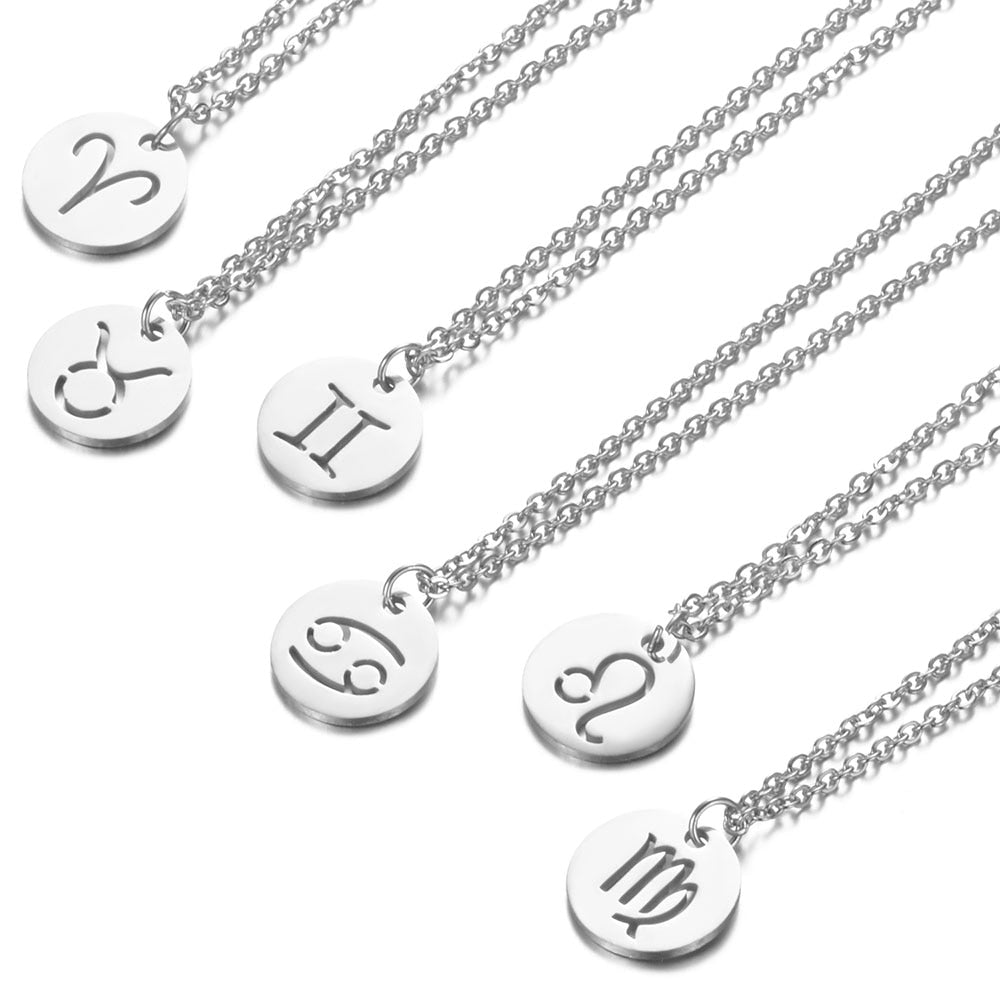 Fashion Zodiac Choker Necklace 316L Stainless Steel Women Constellations Silver Color Never Fade Hollow-out 12 Signs Gifts 時尚十二星座不銹鋼頸鍊