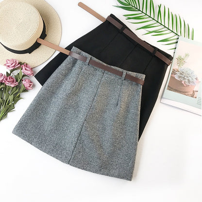 2023 Spring New Arrival Vintage Temperament High Waist A-line Office Skirts Womens With Belt Woolen Mini Skirt Free Shipping