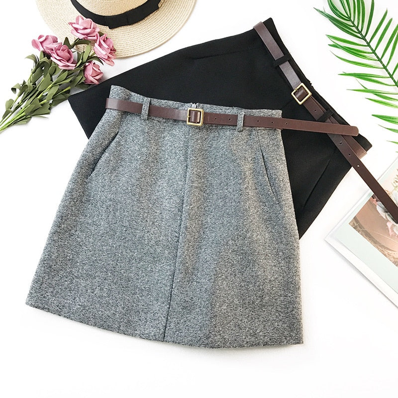 2023 Spring New Arrival Vintage Temperament High Waist A-line Office Skirts Womens With Belt Woolen Mini Skirt Free Shipping