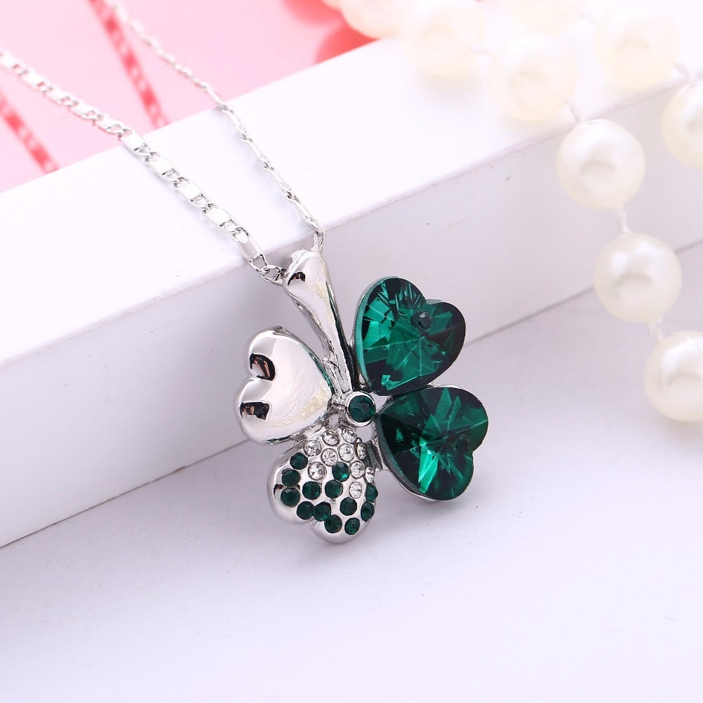 12 Color Fashion Austrian Crystal Four Leaf Leaves Clover Heart Rhinestones Necklace Pendant for Women White Gold Color Jewelry 時尚奧地利水晶四葉草心形水鑽項鍊吊墜