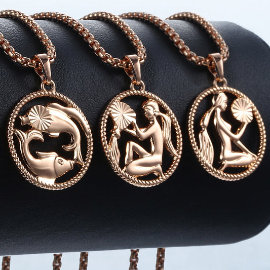 Zodiac Sign 12 Constellation Pendant Necklace 585 Rose Gold Color Horoscope Necklace Mens Chain Gift Fashion Jewelry GPM21 時尚12星座玫瑰金吊墜