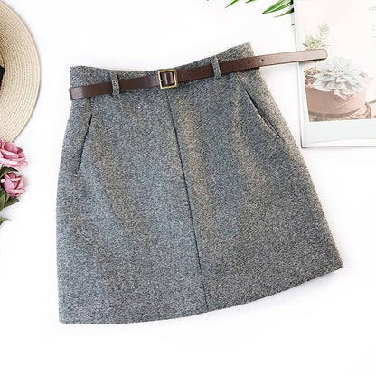 2023 Spring New Arrival Vintage Temperament High Waist A-line Office Skirts Womens With Belt Woolen Mini Skirt Free Shipping