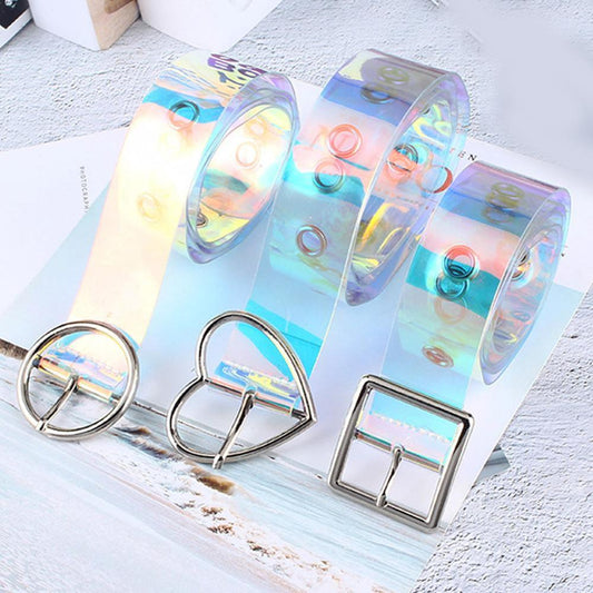 New Laser Women Belt Holographic Clear Waist Belt Metal Pin Buckle  Transparent Waist Belts for Women Belt Waistband 90cm-120cm