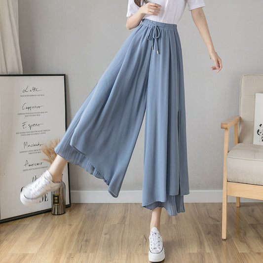 2022 Summer New Style Pleated Chiffon Wide Leg Pants Fashion Slim High Waist Drape Elegant Ankle-length Pants Skirt Trousers 夏季新款時尚百褶雪紡闊腿修身高腰九分褲