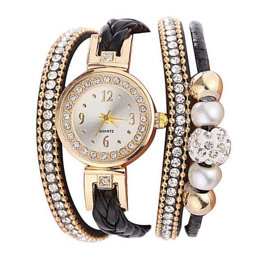 Women Rhinestone Bead Round Dial Snap Button Multi Layer Bracelet Quartz Watch Creative Fashion Steampunk Roman Watch мужские