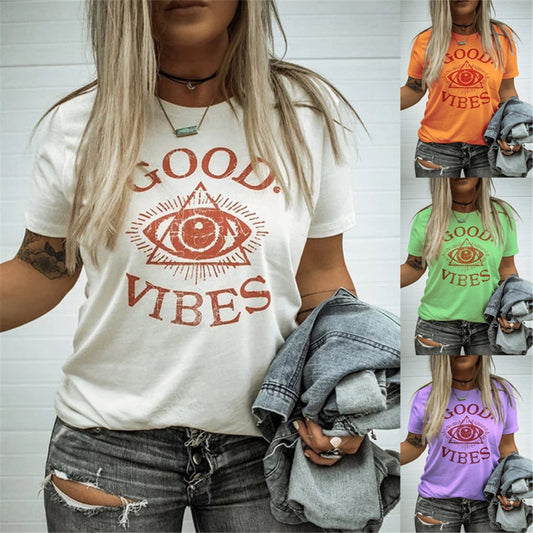 GOOD VIBES Letter Print Women T shirt Funny Eye Graphic Casual Harajuku Tshirts Ladies Summer Fashion Clothes Shirt