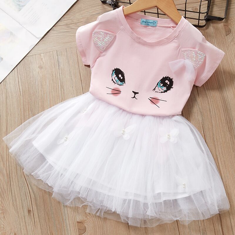 Summer Baby Girls Princess Dress 2pcs Set (Cute Cartoon Cat Print T-shirt Top+Mesh Tutu Skirt Toddler Kids Outfits Clothes) 夏季女嬰公主裙 2 件套裝（可愛卡通印花 T 恤 + 網眼芭蕾舞短裙兒童服裝）