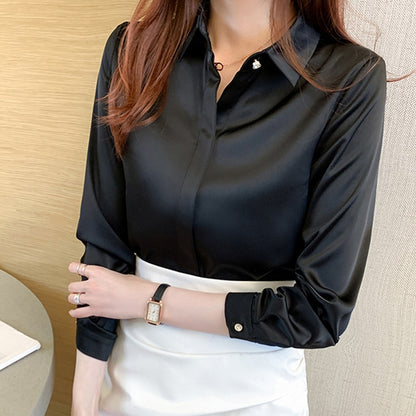 Long Sleeve Shirts Blouses For Women Silk Shirts Women Satin Clothing Office Lady Solid Silk Shirt Blouse Tops Loose 17276