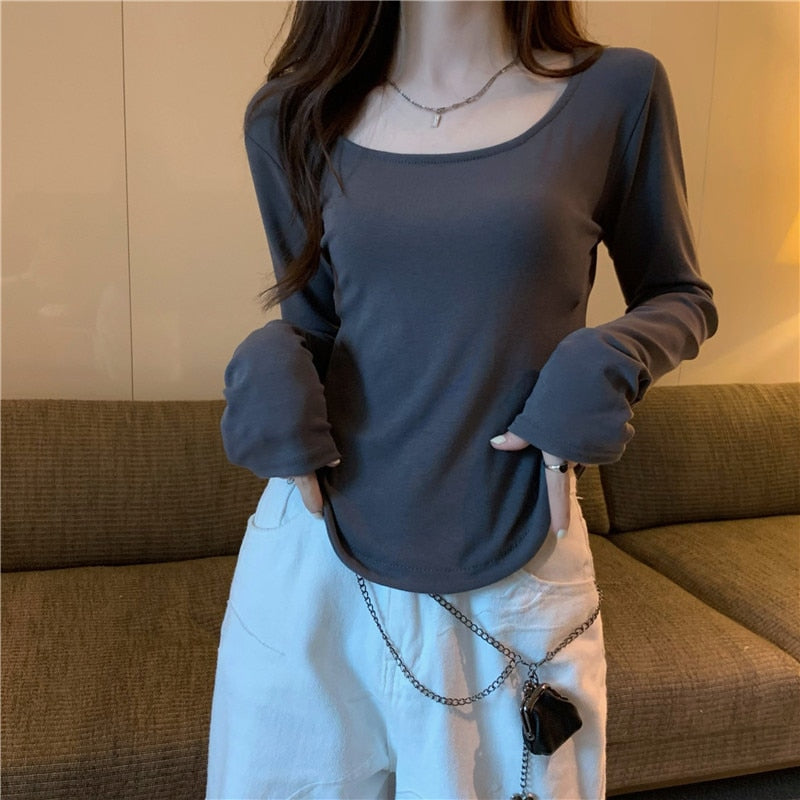 Women Long Sleeve Square Neck T-Shirt Spring And Autumn New Irregular Hem Slim Casual Top Girl Bottom Shirts