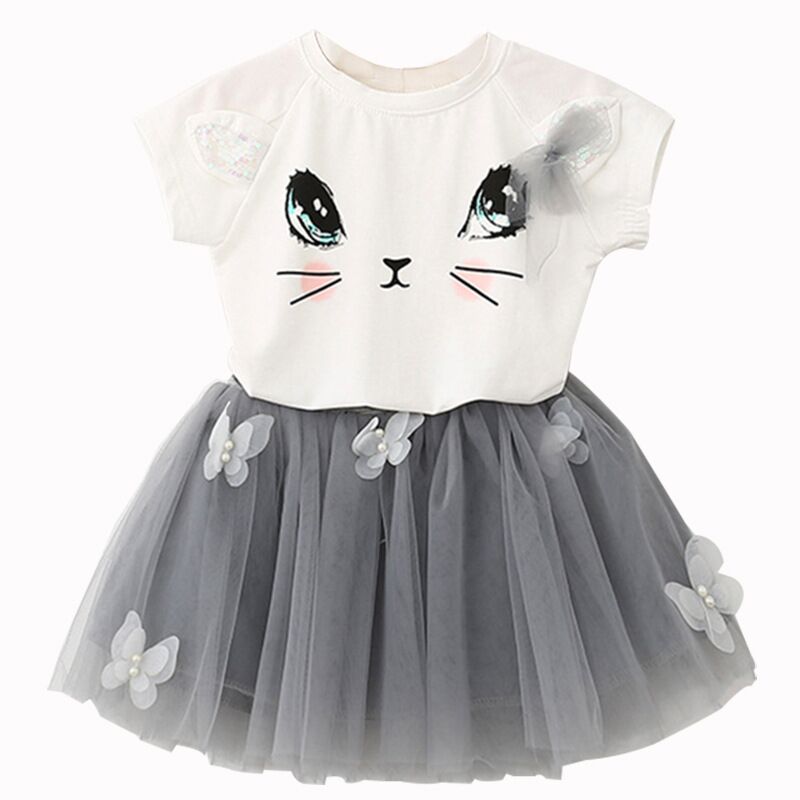 Summer Baby Girls Princess Dress 2pcs Set (Cute Cartoon Cat Print T-shirt Top+Mesh Tutu Skirt Toddler Kids Outfits Clothes) 夏季女嬰公主裙 2 件套裝（可愛卡通印花 T 恤 + 網眼芭蕾舞短裙兒童服裝）