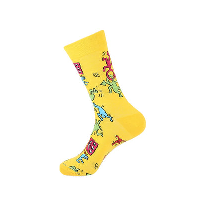 New Colorful Women & Men's Socks High Quality Harajuku Cotton Flower Pigeon Puzzle Wave Stripe Fish Skateboard Long Dress Sock