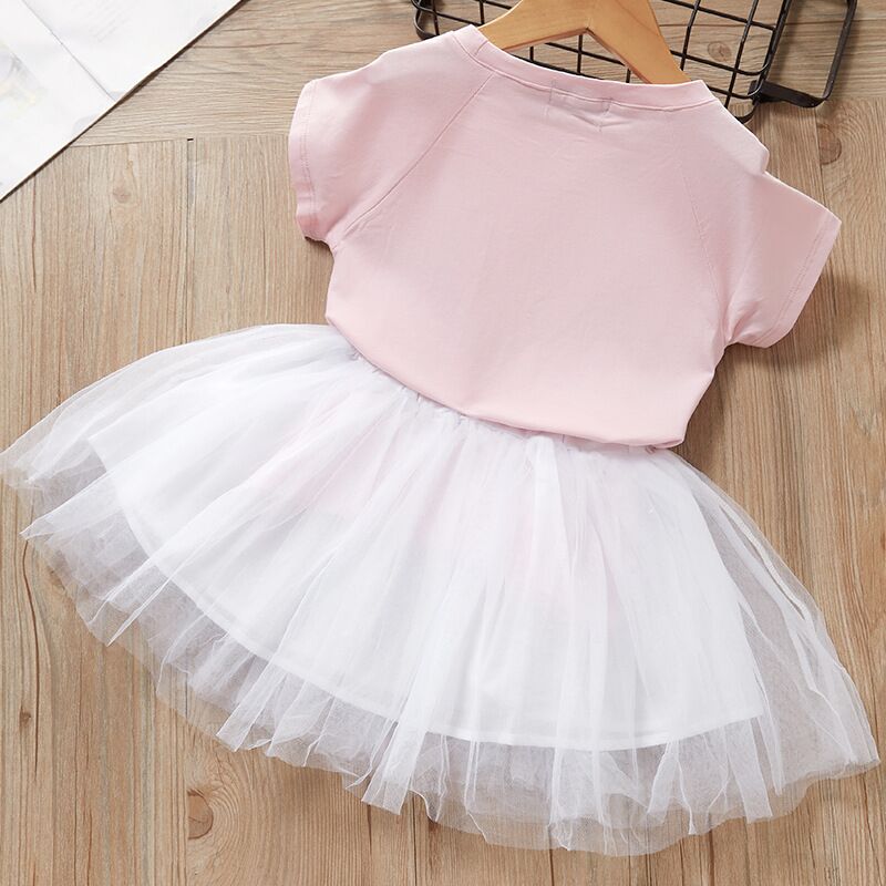 Summer Baby Girls Princess Dress 2pcs Set (Cute Cartoon Cat Print T-shirt Top+Mesh Tutu Skirt Toddler Kids Outfits Clothes) 夏季女嬰公主裙 2 件套裝（可愛卡通印花 T 恤 + 網眼芭蕾舞短裙兒童服裝）