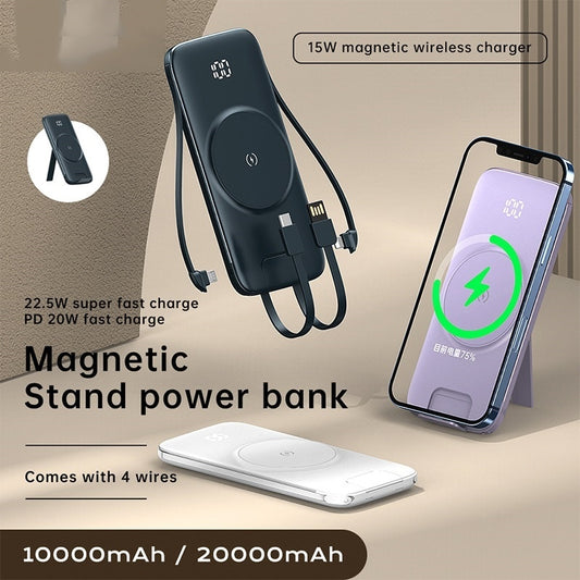 Power Bank 20000mah Fast Charging Magnetic Wireless Charging PD 20W Powerbank with Bracket Phone Holder Built in Cables