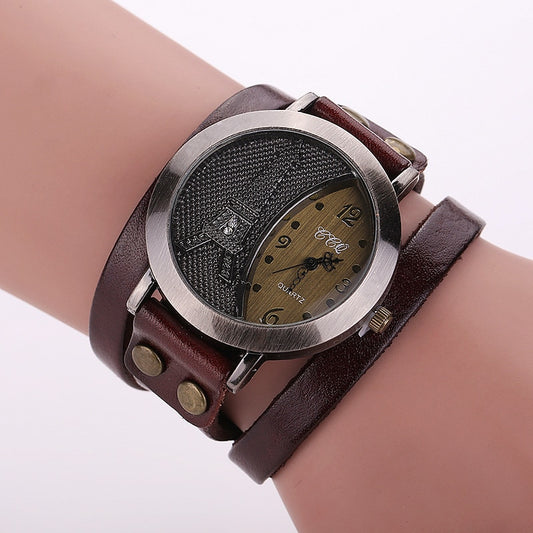 Vintage Tower Watch Two Loops Genuine Leather Bracelet Watches Casual Women Quartz Wristwatches Relogio Feminino Ladies Clock's