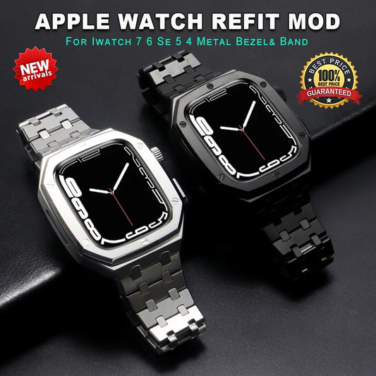 Luxury Modification Kit Bezel Case Band For Apple Watch Series 7 45mm 6 5 4 SE 44mm refit Mod kit Metal steel Band for iWatch 8 豪華改裝金屬圈錶殼及鋼錶帶