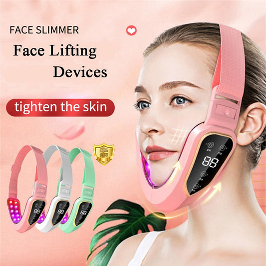 Facial Lifting Device LED Photon Therapy Facial Slimming Vibration Massager Double Chin V Face Shaped Cheek Lift Belt Machine LED 光子療法 V 形臉頰提昇按摩器