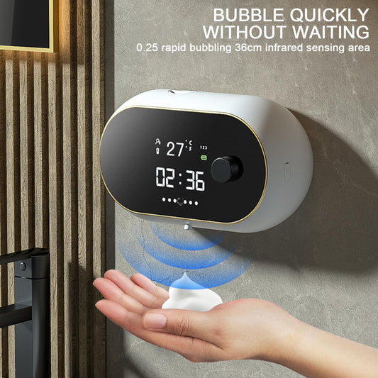 Automatic Foam Soap Dispenser Touchless Sensor USB Foam Time Temperature Sanitizer Liquid Mount Wall Charge Hand Display 非接觸式傳感掛牆USB充電自動泡沫皂液器及消毒液器 (顯示時間及溫度)