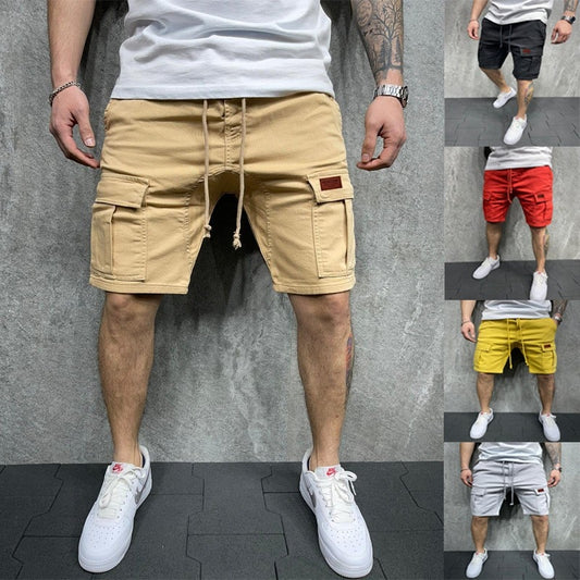 Men's Casual Shorts 2023 Men's summer cargo shorts Loose multi-pocket stitching waist drawstring straight barrel