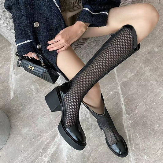 Summer New But Knee High Boots 2023 Women Breathable Mesh Hollow Cool Boots Breathable Thick Heel Ankle Boots Platform Shoes 新款夏季透氣網面不過膝高筒厚底靴