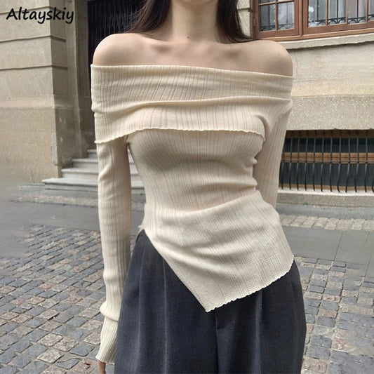 Pure Slash Neck Sexy Sweater Pullovers Women Autumn Irregular Casual Popular Temper Slim Cropped Comfort Knitwear Ulzzang Chic 女裝秋季純斜領性感修身套頭針織衫