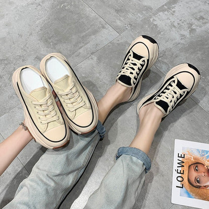 Women's Slippers 2022 Spring Autumn Fashion Baotou Half Slippers  Wear New Style Muffin Lace-Up Casual Canvas Slippers of Women