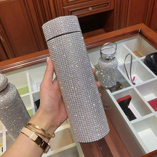 Fashion Diamond Thermos Bottle Smart Display temperature Stainless Steel Water Bottle  Portable Vacuum Flasks Coffee Thermos Cup 時尚鑽石顯示溫度不銹鋼智能保溫瓶