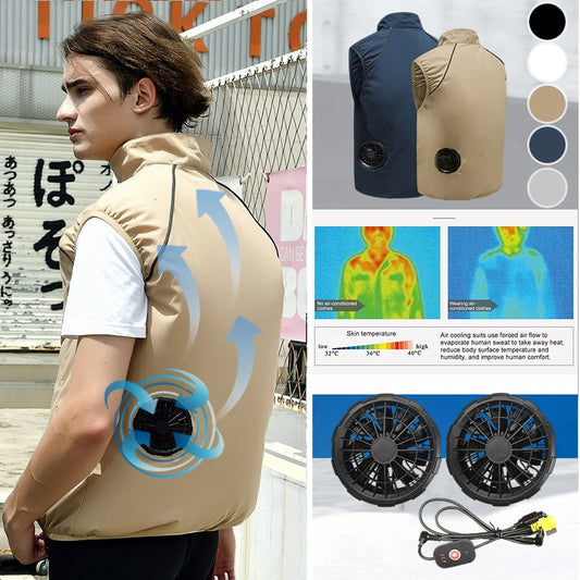 Men Summer Air Conditioning Clothing Fan Cooling Vest 2022 New USB Charging Cooling Sport Man Outdoor Solid Color Coat Plus Size 新款USB充電降溫風扇男士背心外套