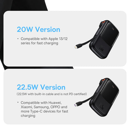 Power Bank Fast Charging with Built-in Cable, Digital Display Battery Capacity, 22.5W For Type-C Phone, 20W For iPhone