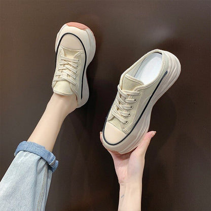 Women's Slippers 2022 Spring Autumn Fashion Baotou Half Slippers  Wear New Style Muffin Lace-Up Casual Canvas Slippers of Women