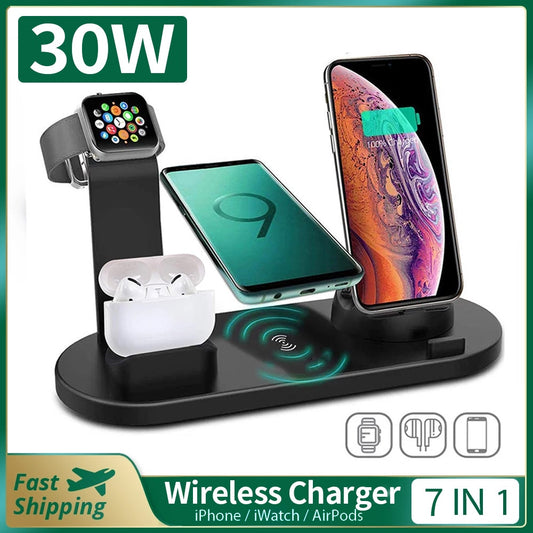 7 in 1 Fast Wireless Charger 30W For iPhone 14 13 12 X XR Watch Wireless Chargers for Samsung Galaxy Xiaomi Huawei Fast Charging 7合1 快速無線充電器