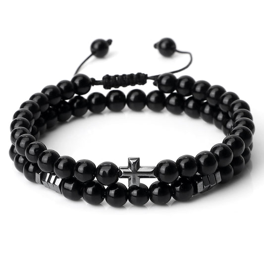 2pcs/set Obsidian Stone Bracelet Men Black Lava Hematite Cross Beads Bangle Women Charm Natural Stone Paryer Jewelry Pulseras