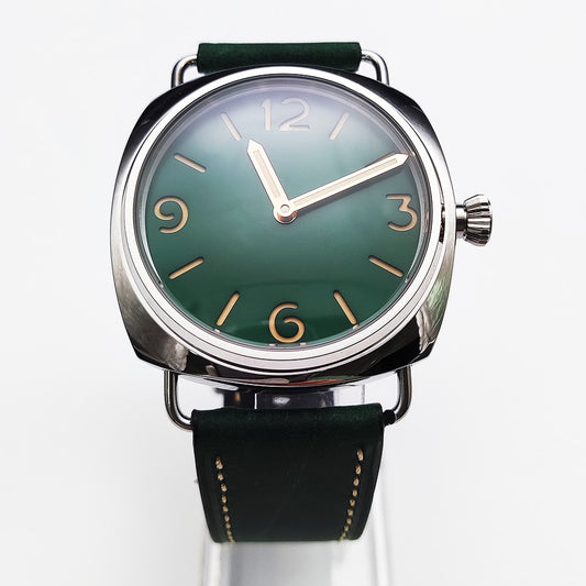 Manual Mechanical 45mm Green No Logo Dial  Leather Men's Watch 男士皮革綠色45毫米無徽標錶盤手動機械表